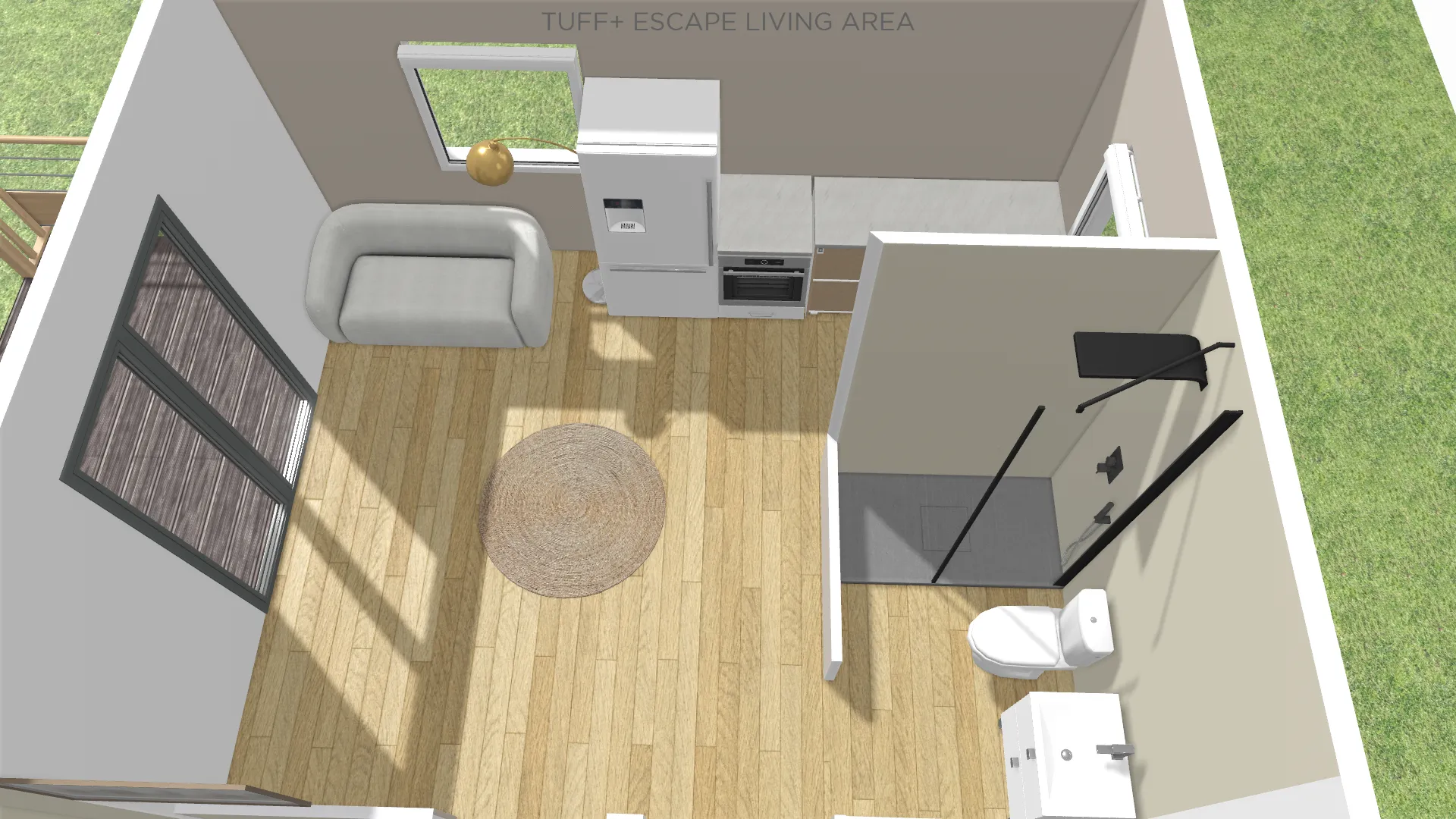 ESCAPE Living, kitchen, washroom view